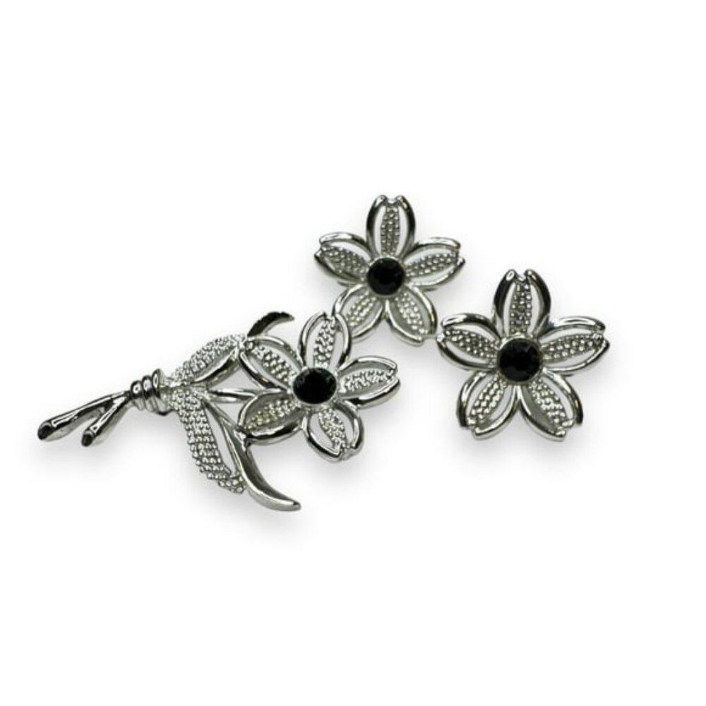 Vintage Sarah Coventry Floral Brooch Clip Earrings Silver Tone Black Glass 1960s